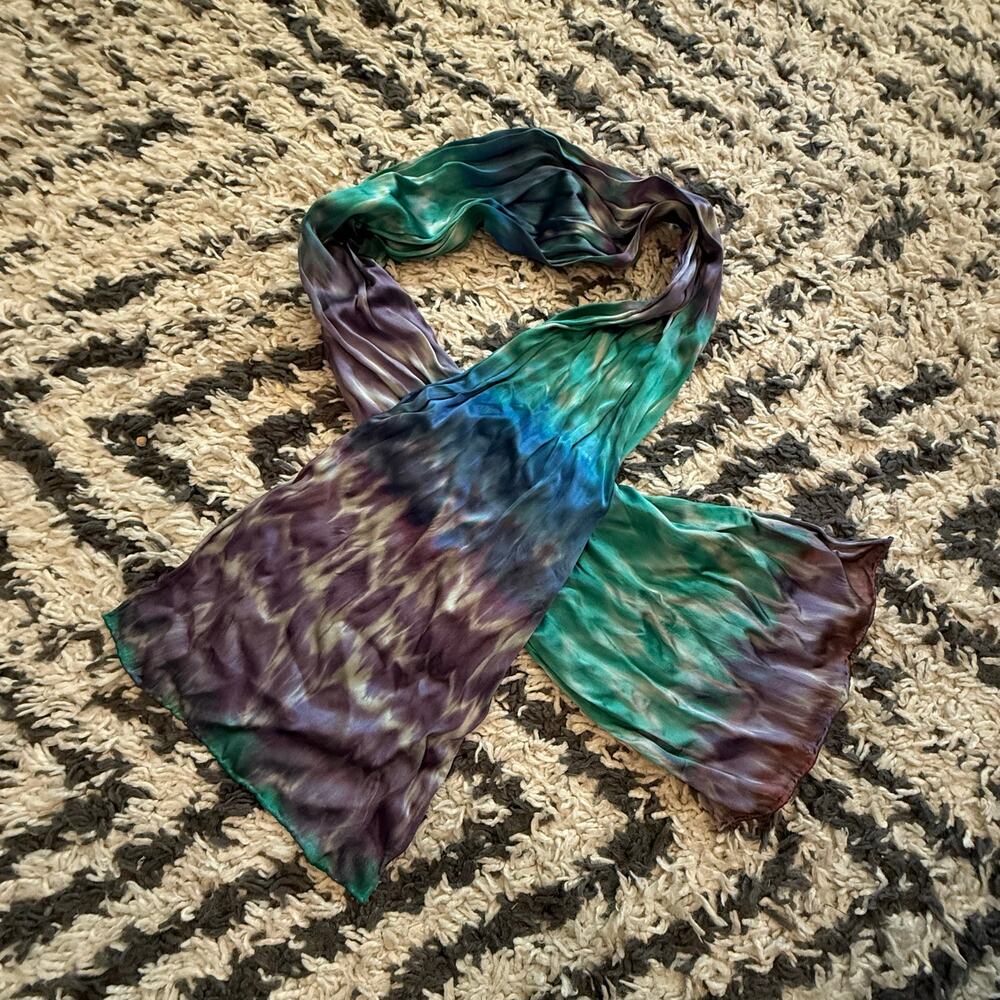 Habotai Silk Scarf Purple Blue Teal Tie Dye Ombre Stripe Boho Lagenlook Artsy